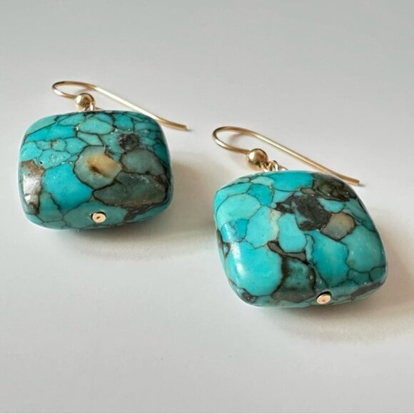 Elle Vintage Gold Etch Frame Drop Earrings in Variegated  Square Mosaic Turquoise Drop Earrings Gold Filled French Hooks